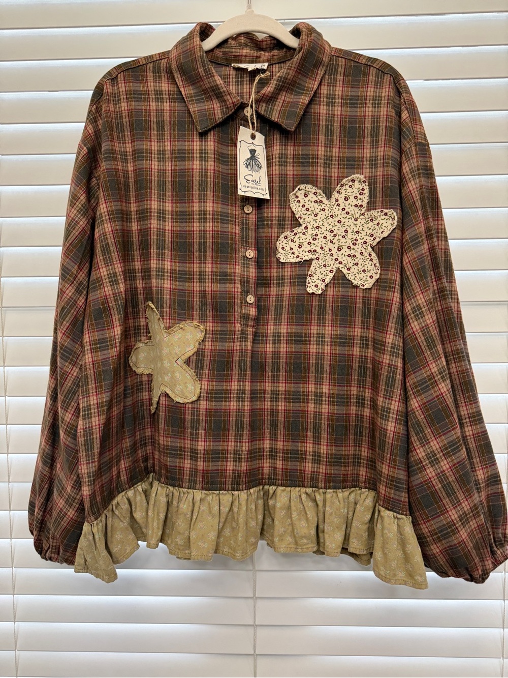 easel Plaid Button-Down Top with Floral Appliqué in Brown and Olive